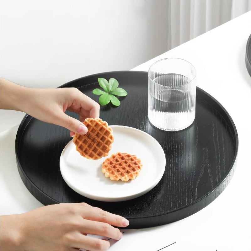 River Round Wood Serving Tray, Solid Wooden Decorative Tray Non-Slip Tea Coffee Table Tray Snack Plate Food Meals Serving Tray with Raised Edges for Home Decor Kitchen Restaurant (9.5inch, Black) - Image 2